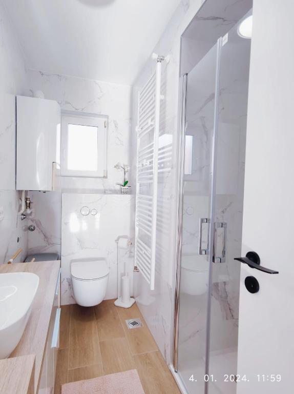Marble bathroom with walk-in shower